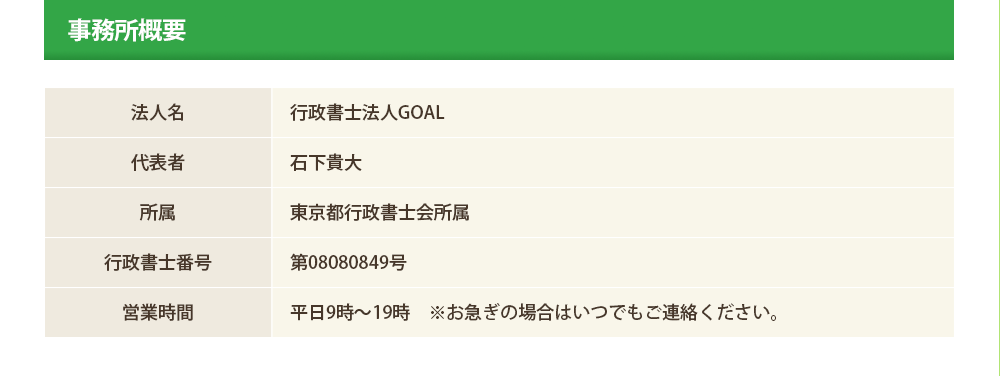 事務所概要
法人名：行政書士法人GOAL
代表者：石下貴大
所属：東京都行政書士会所属
行政書士番号：第08080849号
営業時間：平日9時～19時　※お急ぎの場合はいつでもご連絡ください。

