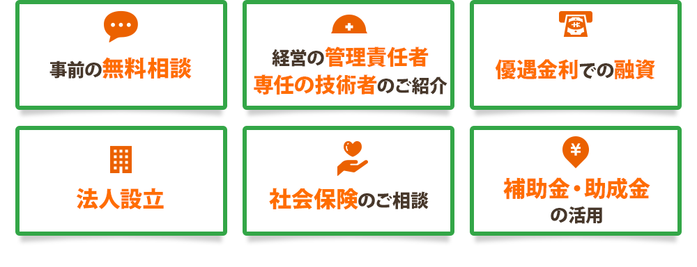 事前の無料相談・経営の管理責任者 専任の技術者のご紹介・優遇金利での融資・法人設立・社会保険のご相談・補助金・助成金
の活用